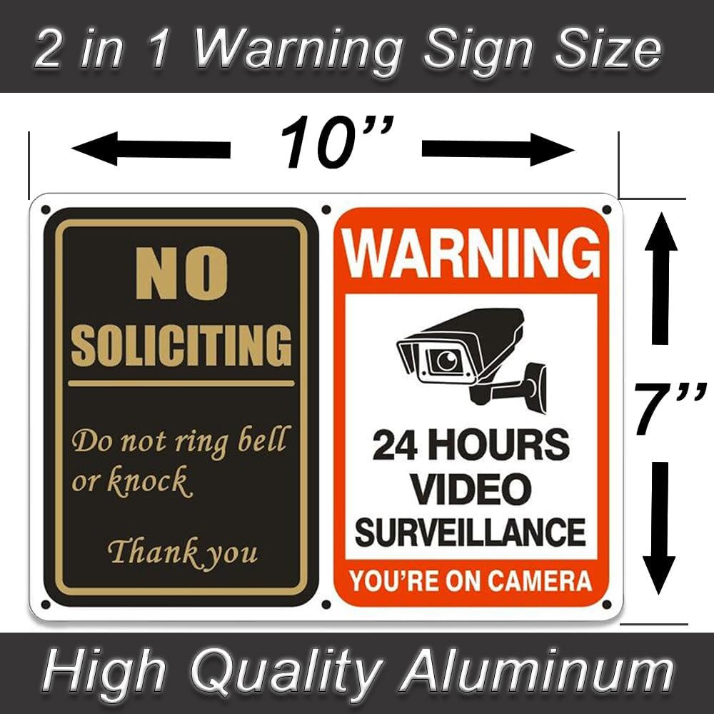 No Soliciting Sign & 24 Hours Surveillance Sign 2 in 1 Aluminum UV Ink Printed Yard Sign for House, Yard, Front Door