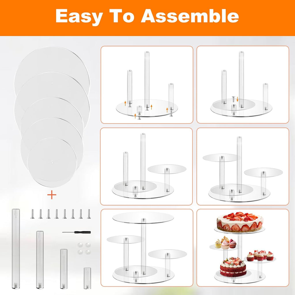 4 Tier Acrylic Round Cake Stand for 8-12 Inch Cakes, Clear Multi-Layer Dessert Display Stand for Wedding, Birthday