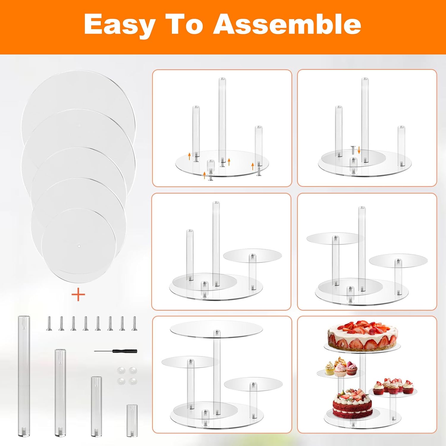 4 Tier Acrylic Round Cake Stand for 8-12 Inch Cakes, Clear Multi-Layer Dessert Display Stand for Wedding, Birthday