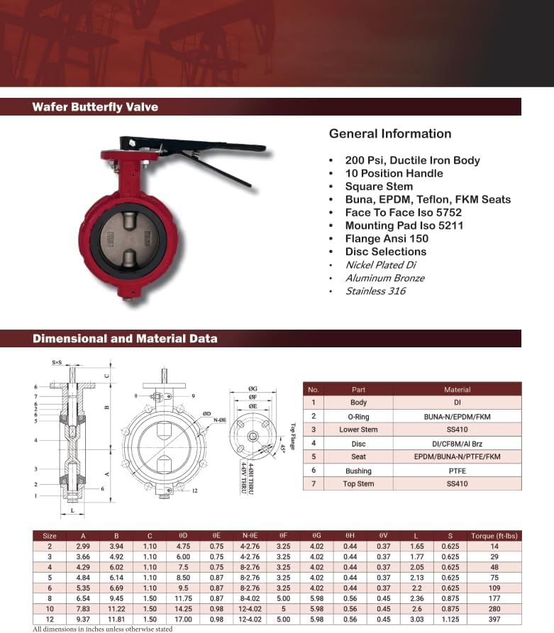 6" Butterfly Valve, Wafer, 200 Psi, Ductile Iron Body, Square Stem 5/8"
