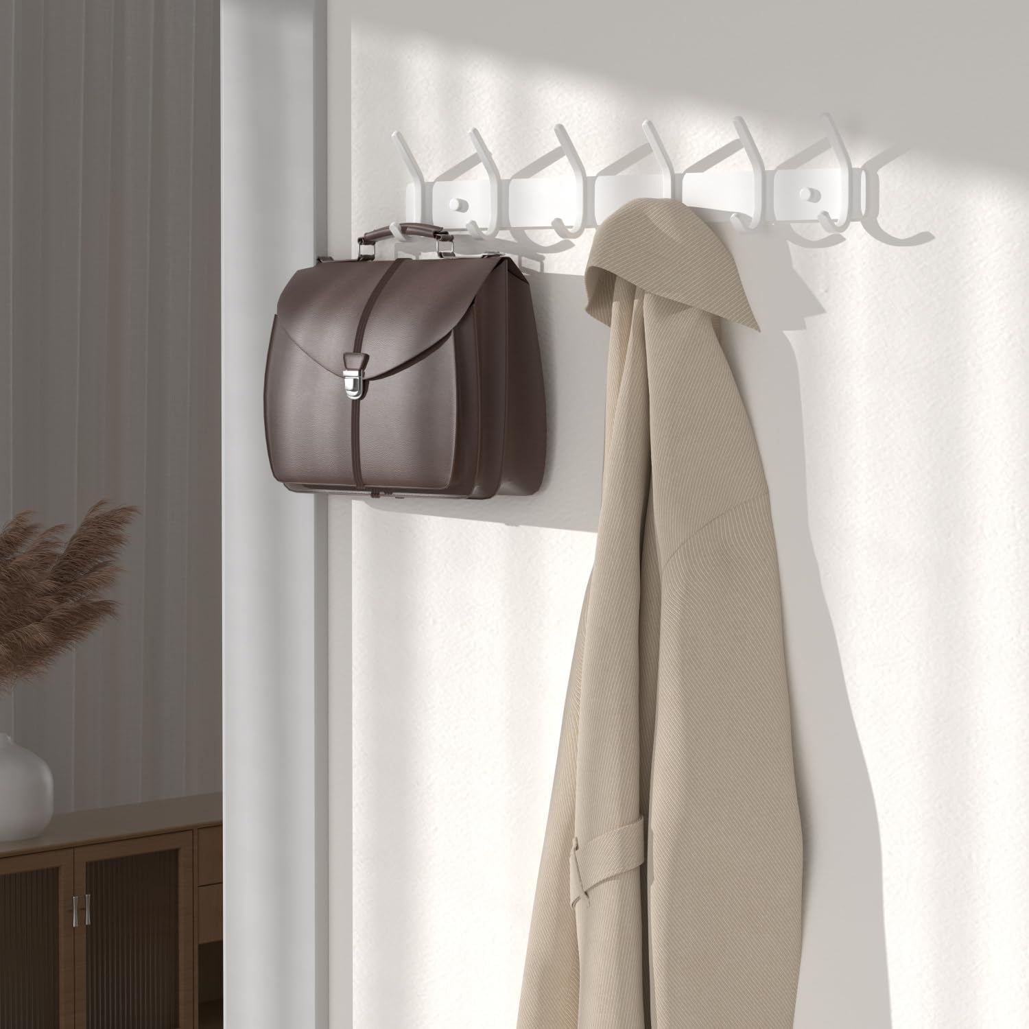 Coat Rack Wall Mount Hooks - 15 Inch Matte White Metal 6-Hook Organizer Wall Mounted, Modern Kids Room, Entryway &