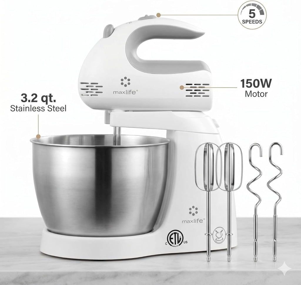 3.2 Quarts Stand Mixer - 5-Speed Electric Powerful Stand Mixer, White, with Stainless Steel Bowl, Dough Hooks, Beaters