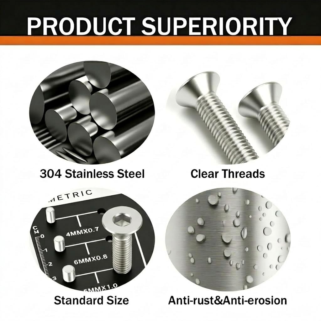 M8 x 35mm (10 Pack) Flat Head Socket Cap Screws Countersunk Allen Bolts, 304 Stainless Steel 18-8, Fully Machine Thread, Bright Finish