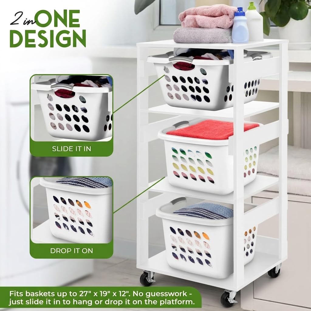 Laundry Basket Holder Shelf, Stackable Laundry Sorter, White, 3 Tier