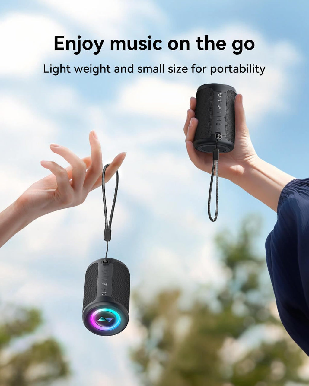 Small Portable Bluetooth Speaker with Lights, TWS Stereo Surround Sound, Type C Powered, Bluetooth 5.3, AUX TF Card
