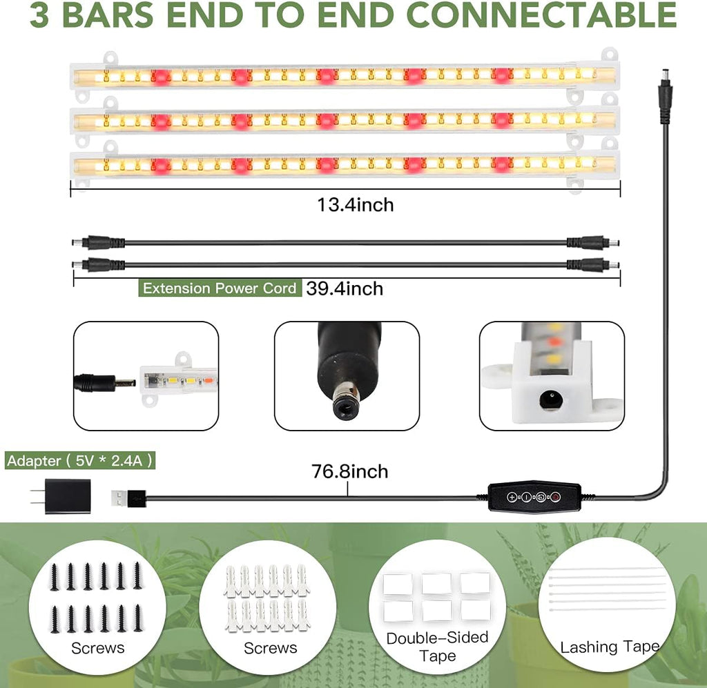 LED Grow Light Strips, 3500K 90-Bulb Full Spectrum Dimmable Plant Growing Lamp Bars with Auto ON/Off Timer for Indoor