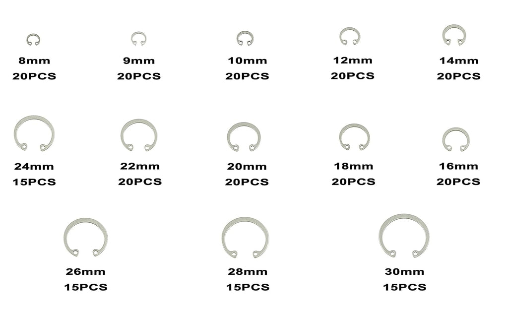 240PCS Metric 8-30mm 304 SS Internal Snap Rings C-Clips Kit