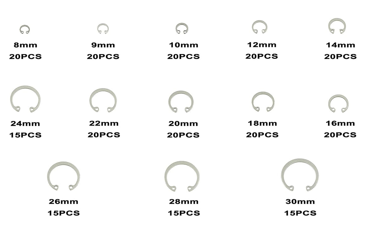 240PCS Metric 8-30mm 304 SS Internal Snap Rings C-Clips Kit