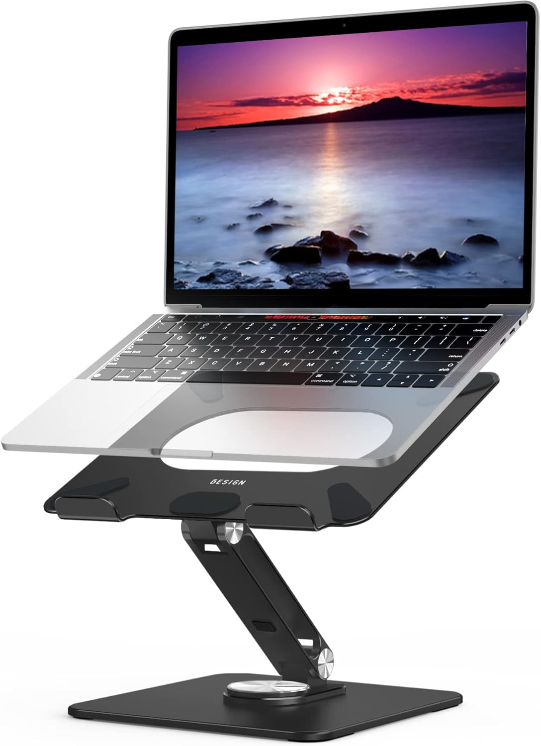 LSX7 Laptop Stand with 360 Rotating Base, Ergonomic Adjustable Notebook Riser, Foldable Computer Holder Compatible
