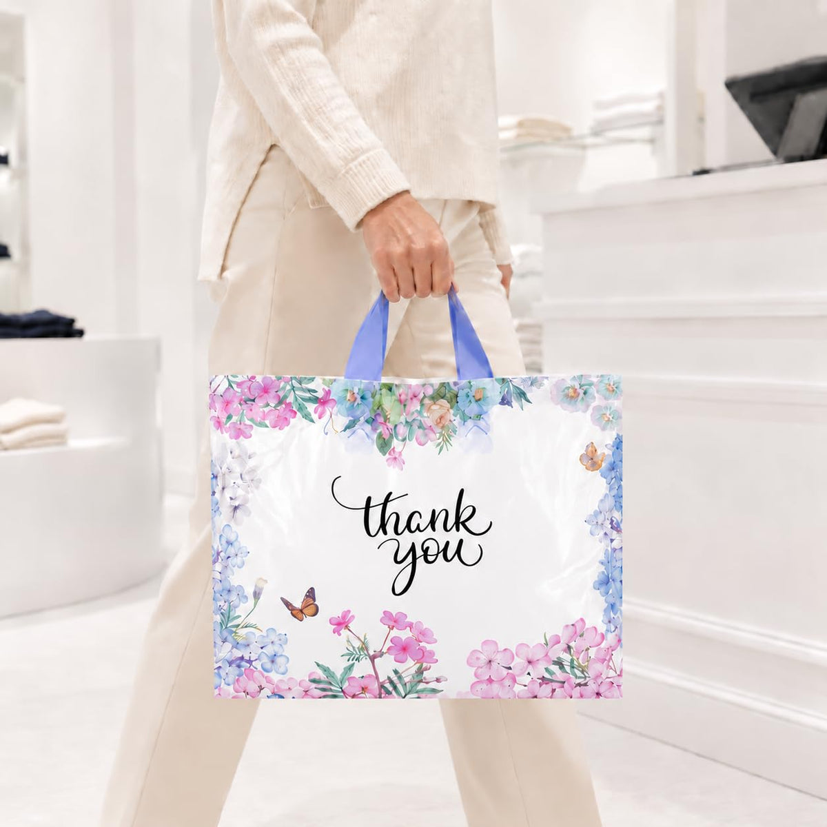 Thank You Bags With Soft Loop Handle for Business Retail, Boutique Bulk 50 Pack 15" W x 12" H Floral Plastic Shopping