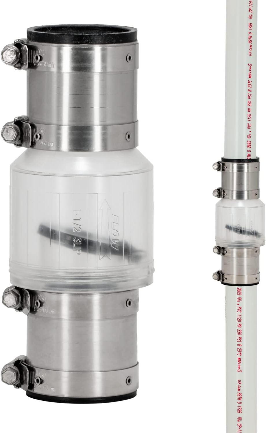ProCheck Quiet Silent Sump Pump Check Valve With Stainless Steel Vibration Resistant Couplings, 1-1/2“