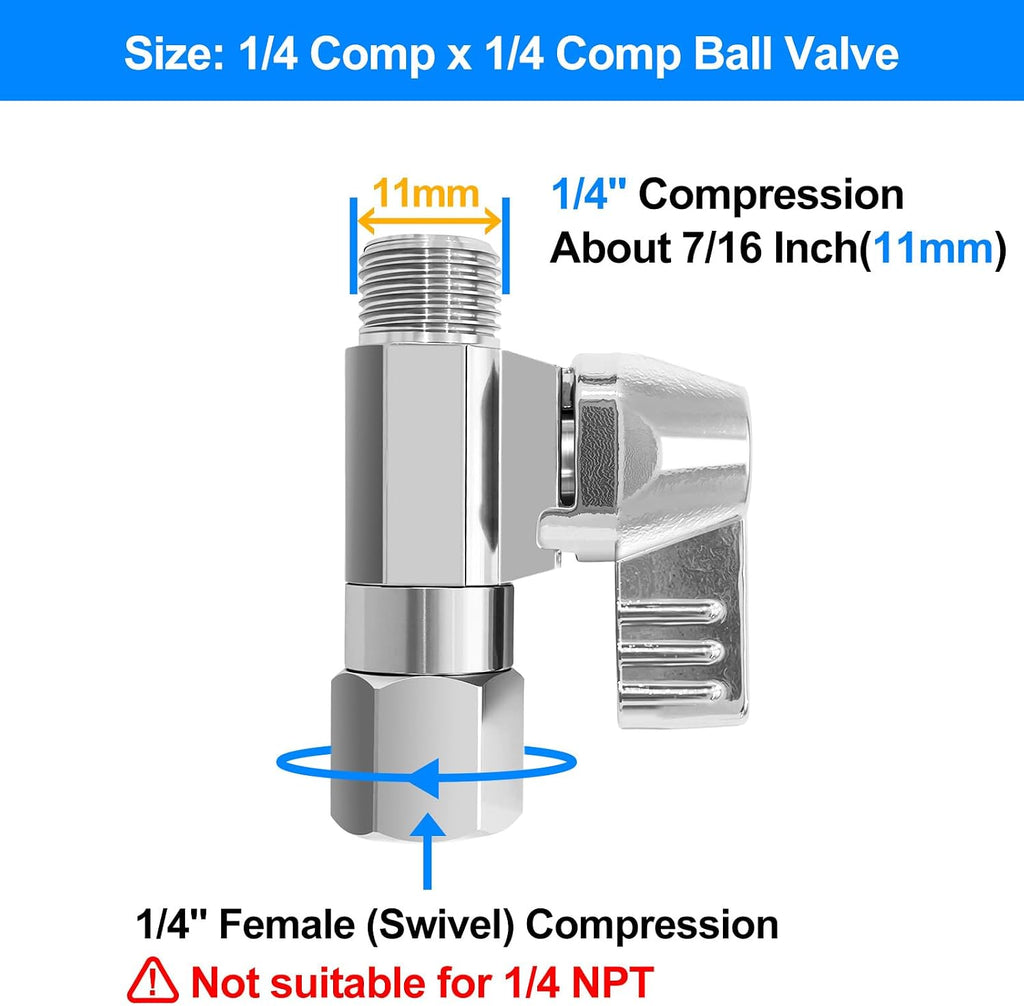 Brass Ball Valve - 1/4" Comp Thread,for Refrigerator,Ice Maker(1Pcs) | 1/4" Comp Female Swivel x 1/4" Comp Male Shut