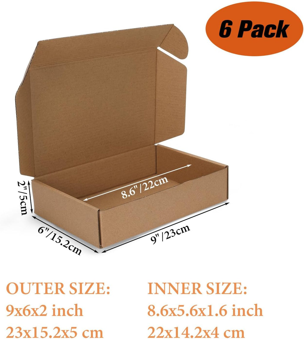 6 Pack 9x6x2 inch Small Shipping Boxes, Brown Mailing Boxes