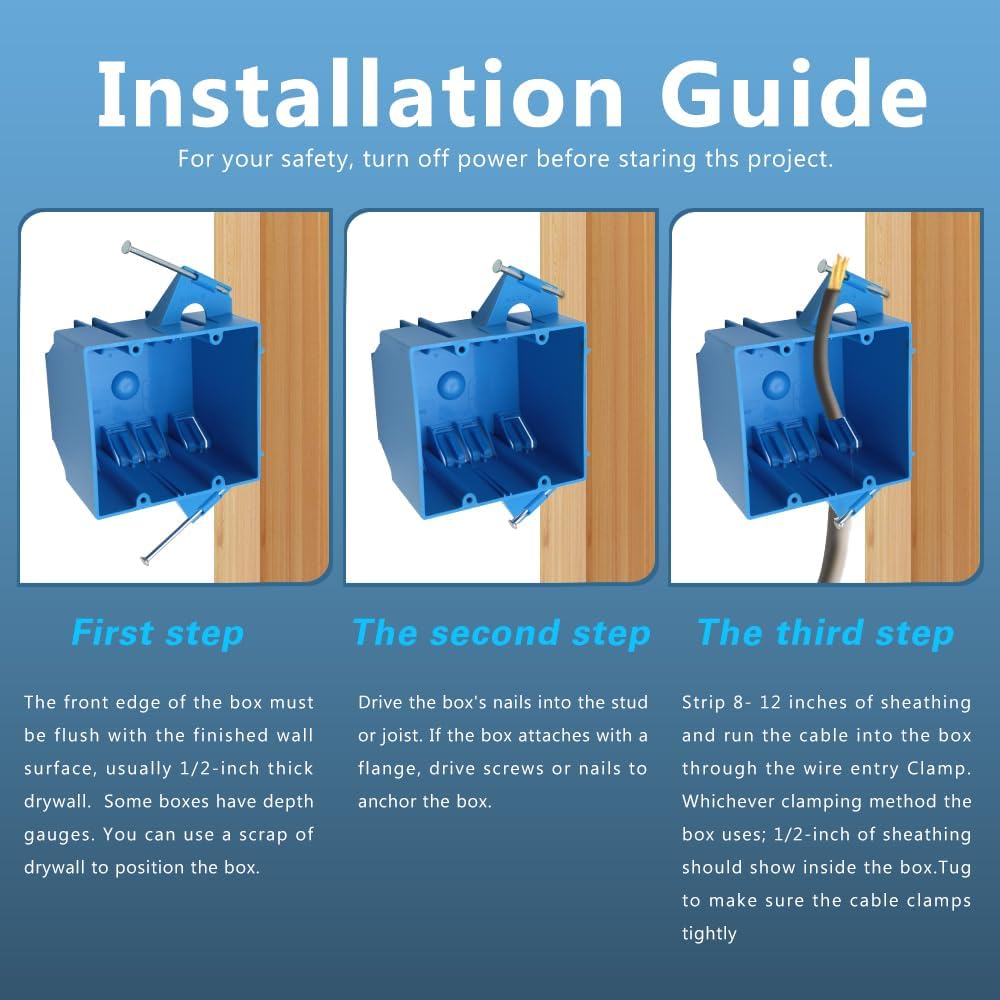 PVC Double Gang New Work Wall Electrical Box, Blue, 3 Pack