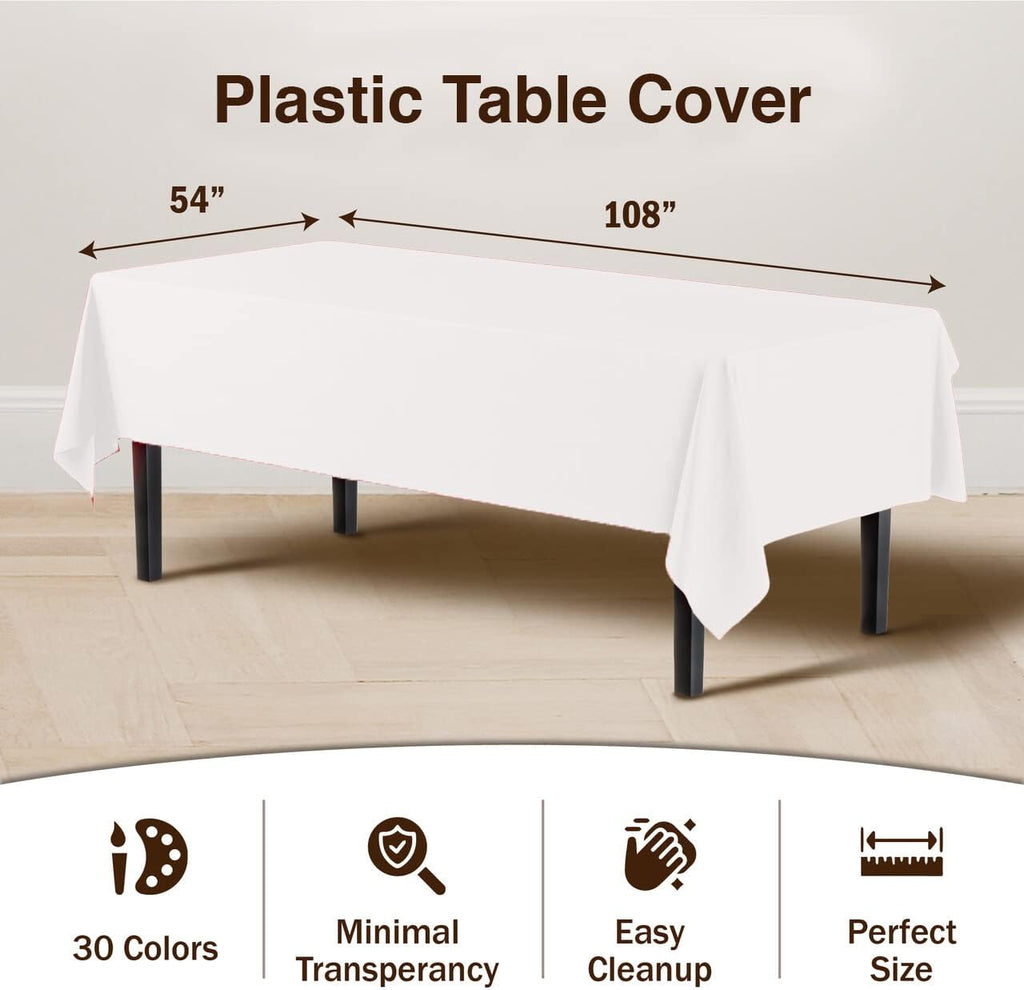 12-Pack Premium Plastic Tablecloth 54 Inch. x 108 Inch. Rectangle Table Cover-White