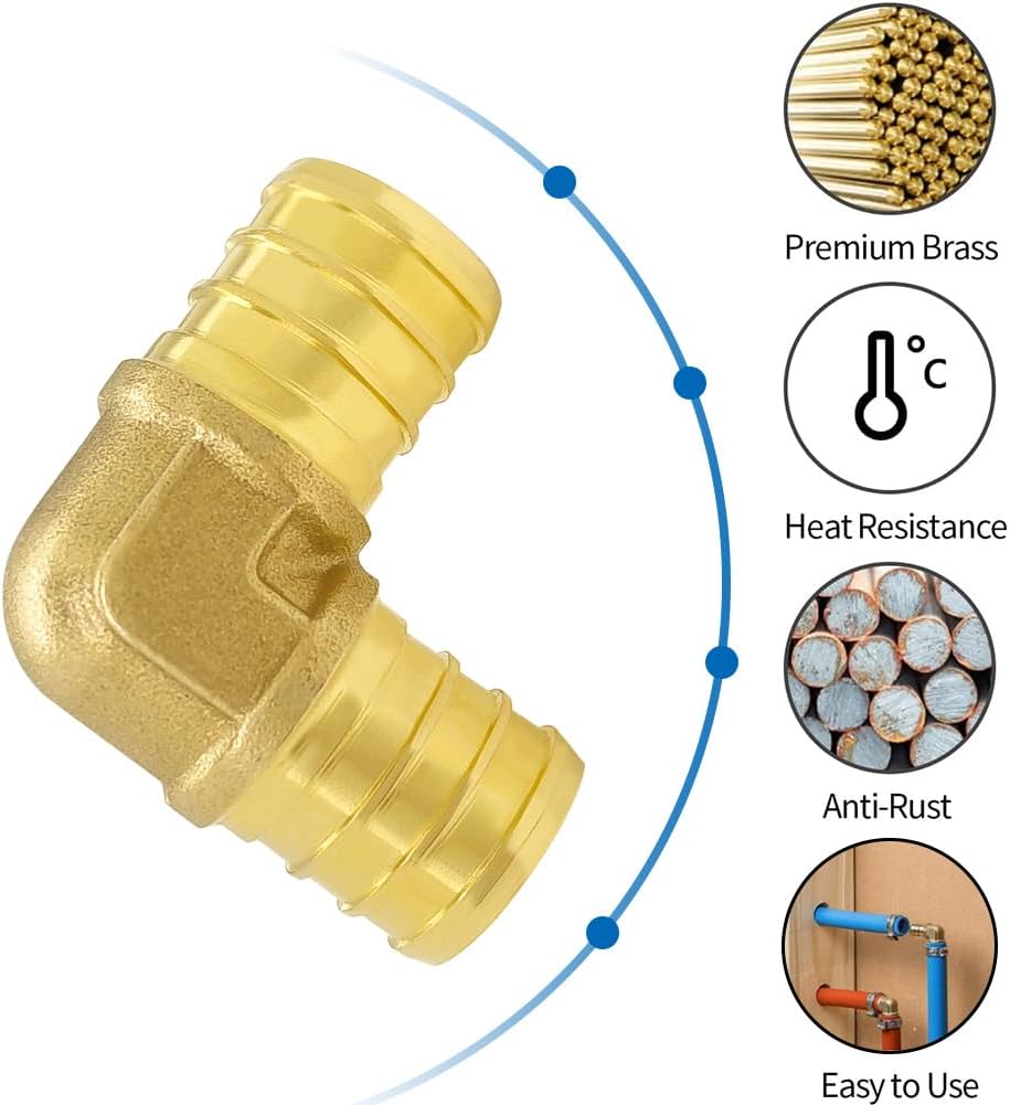 Hooshing 9 Pack 3/4" PEX 90 Degree Elbow, Brass Crimp Fittings