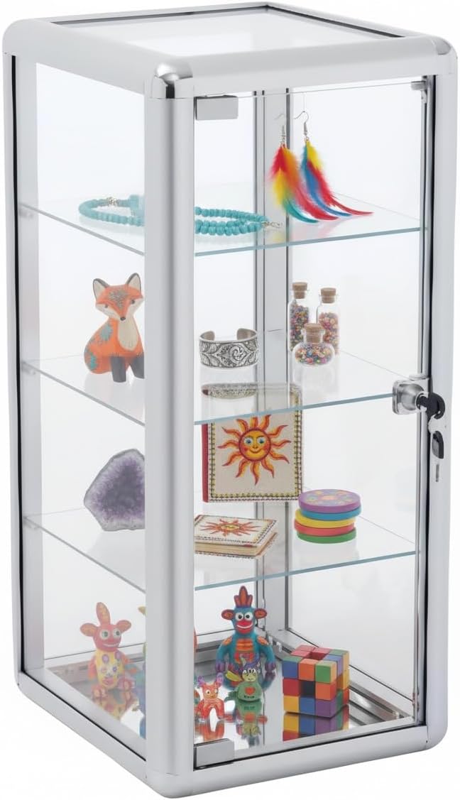 Tempered Glass Display Case, 4-Shelf, 12" D x 14" W x 27" H, Silver | Lockable, Countertop Showcase, Aluminum Frame