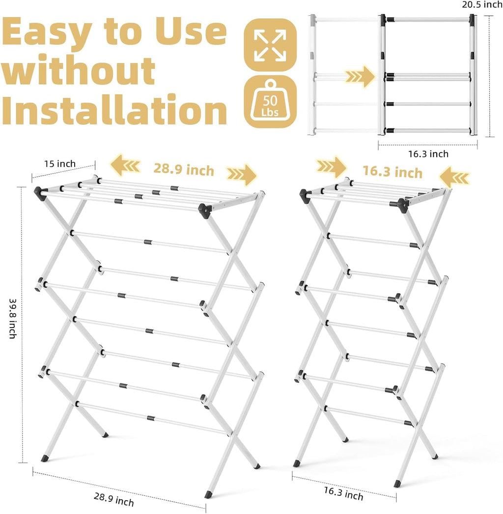Space Saving Foldable Clothes Drying Rack, Extendable Rustproof Laundry Rack for Indoor Outdoor Use, No Assembly