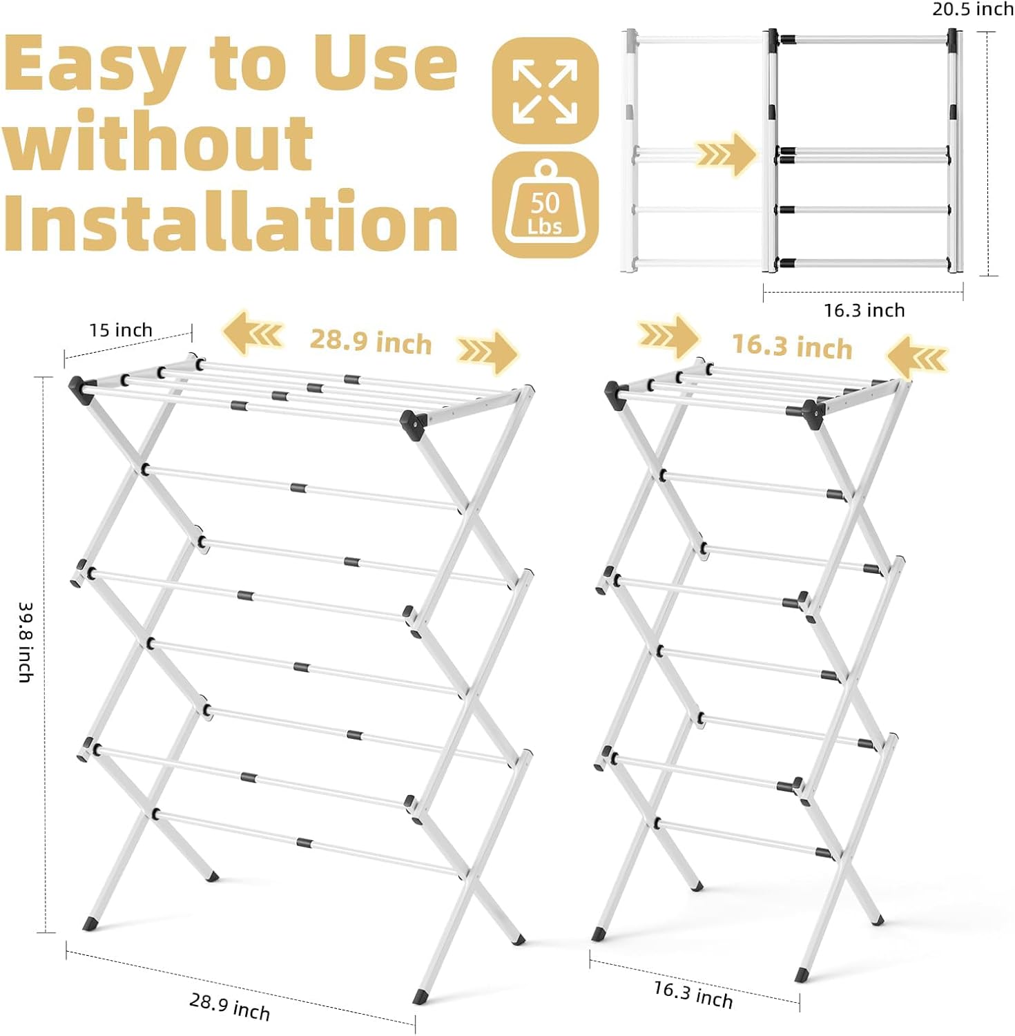 Space Saving Foldable Clothes Drying Rack, Extendable Rustproof Laundry Rack for Indoor Outdoor Use, No Assembly