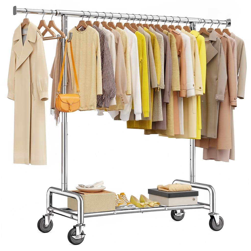 75" Wide Clothes Rack with 4 Extra Hooks Heavy Duty Clothes Rack