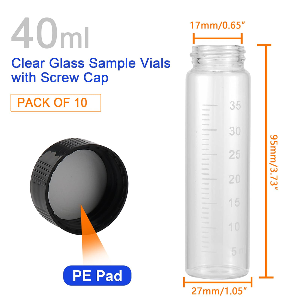 40ml Graduated Glass Vials, 10-Pack with Screw Caps & Funnels
