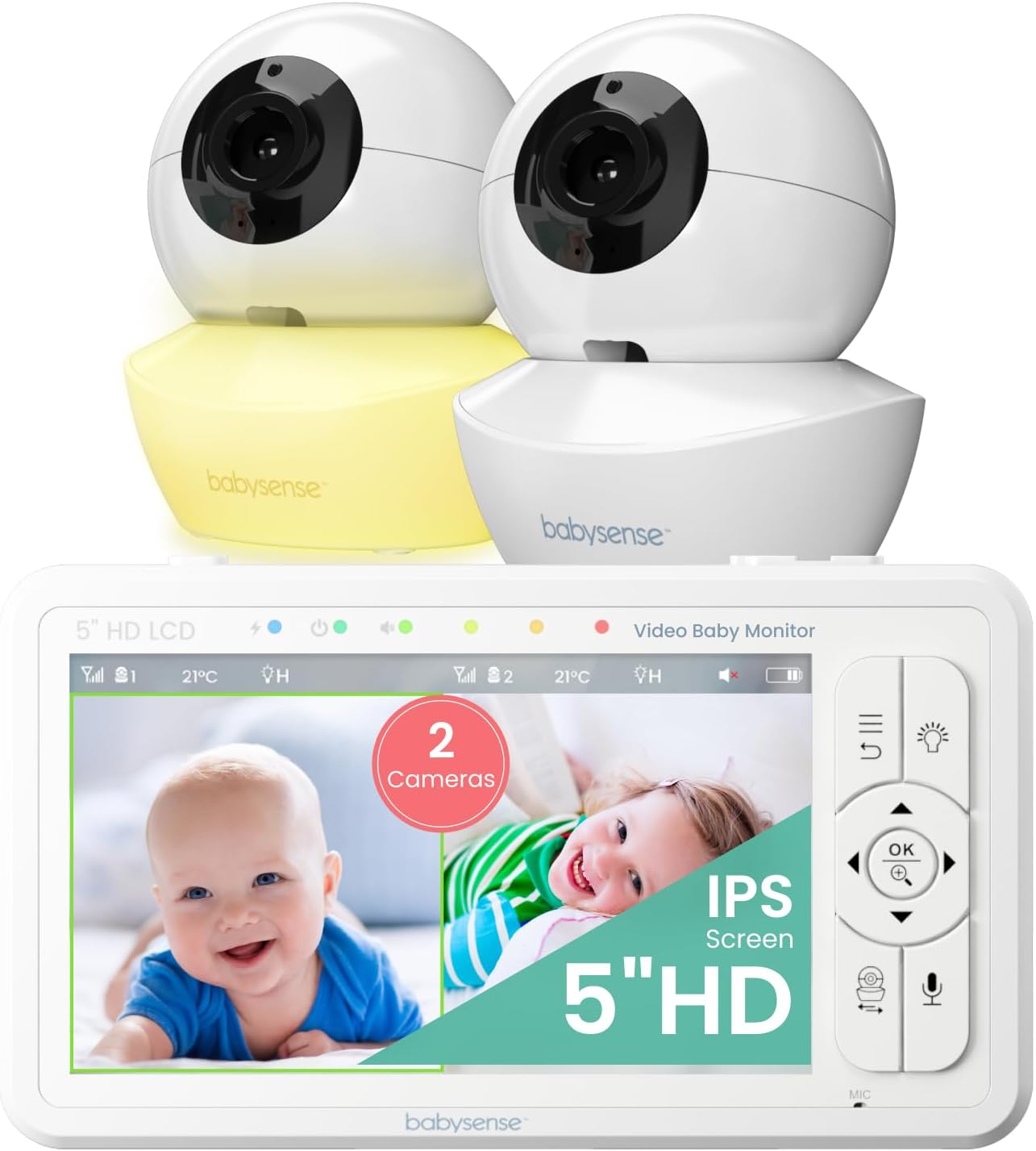 5" HD Non WiFi Split-Screen Baby Monitor, Video Baby Monitor with 2 Cameras and Audio, Night Light, 1000ft Range