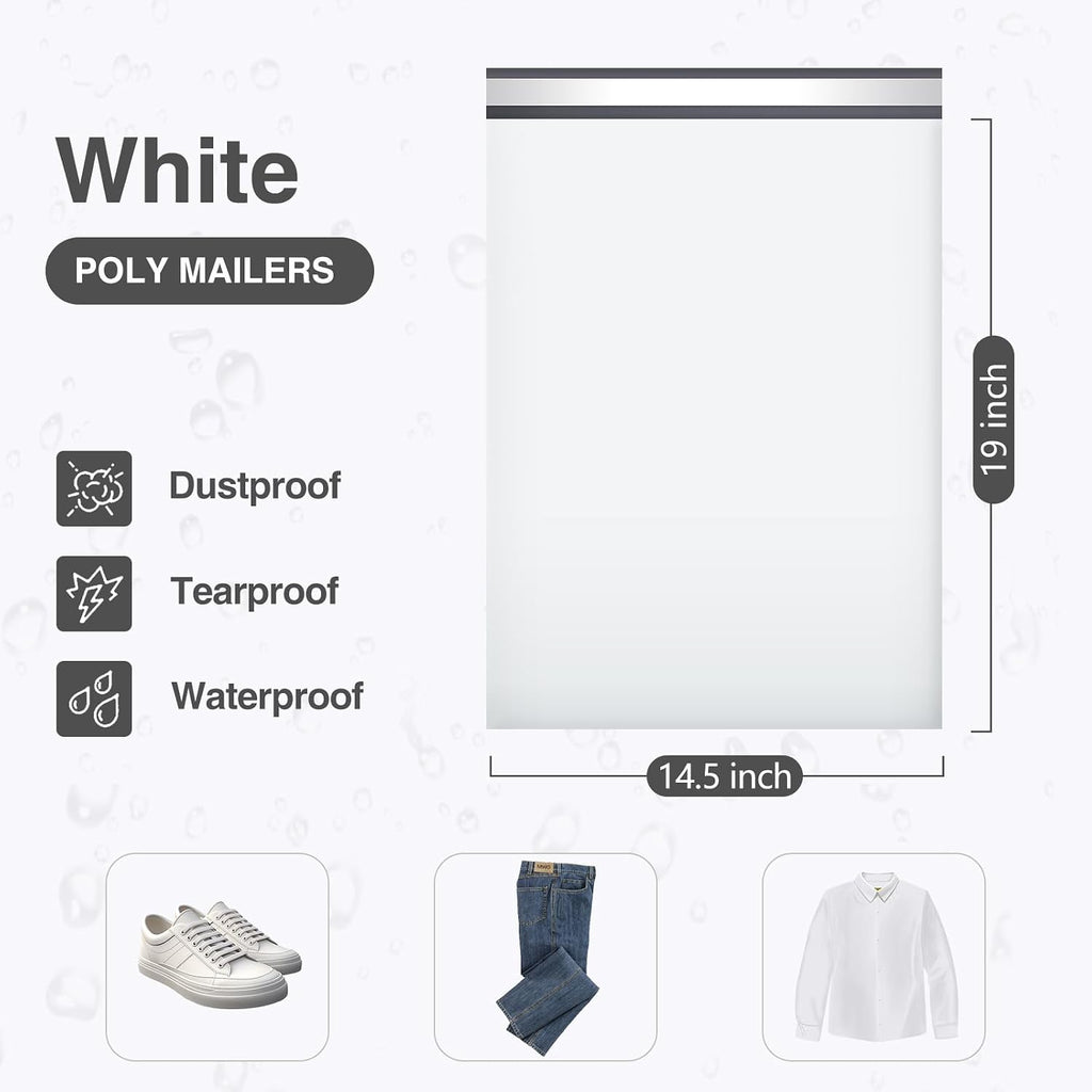 14.5x19 Poly Mailers White Shipping Bags Self-Sealing Waterproof and Tear-Proof 50 Pack