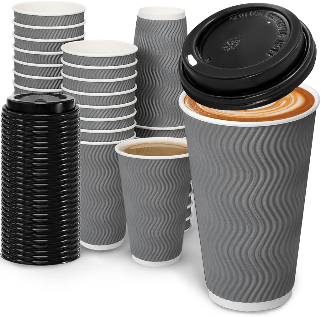 100 Pack 16 oz Paper Coffee Cups with Lids Disposable for Hot Drink
