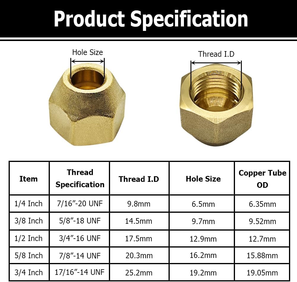 Hooshing 6 Pack 3/8" Brass Flare Nut, SAE 45 Degree Flare Tube Fitting