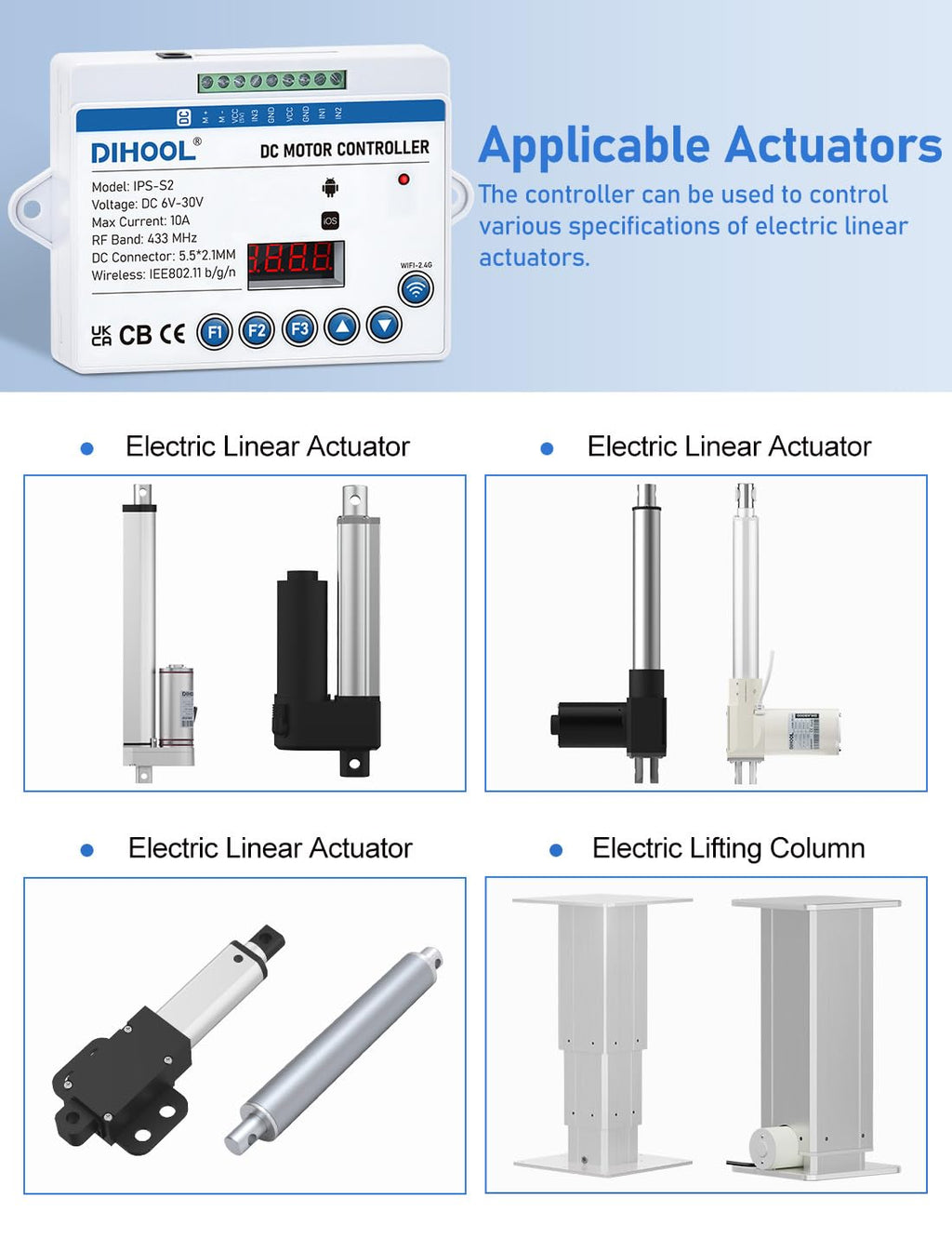 DIHOOL Electric Linear Actuator Controller with Current Limit, WiFi and Timer, Smart eWeLink Control, Remote Wireless 12V 24V DC Motor Controller, Rebound When Obstacles Protection, Load Safety