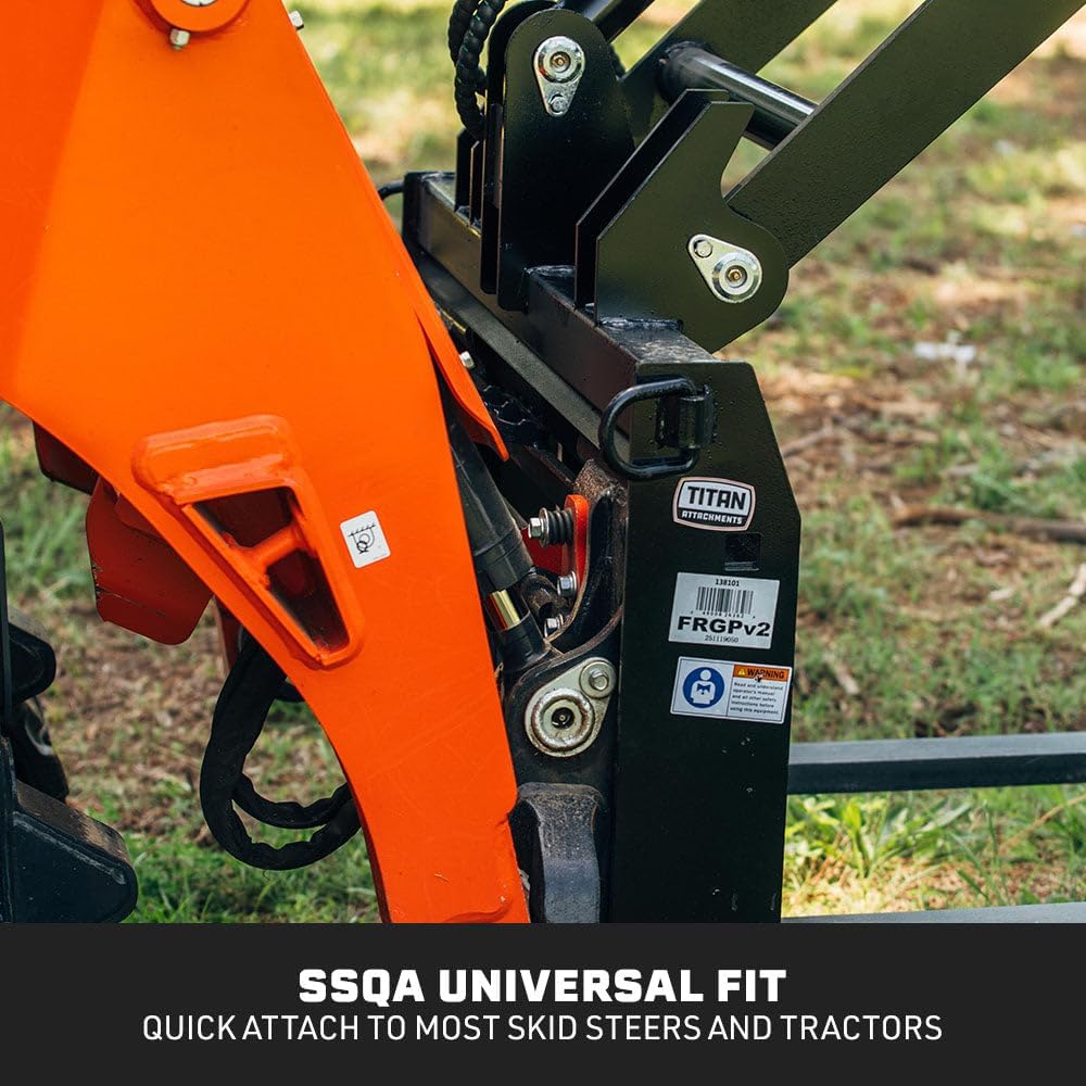 Hydraulic Skid Steer Pallet Fork Grapple Attachment V2, 1/2in Thick Steel Frame, Quick Tach Mounting System
