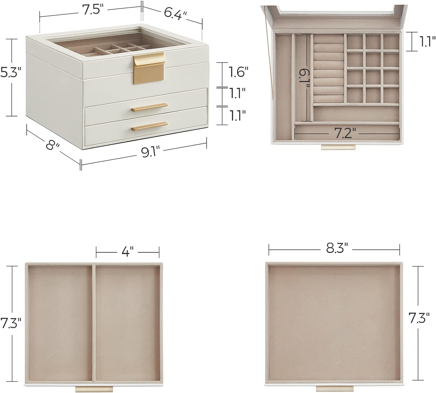 GISELLA Collection - Jewelry Box Organizer with Glass Lid, 3-Layer Jewelry Storage, with 2 Drawers, Modern Style, 8 x