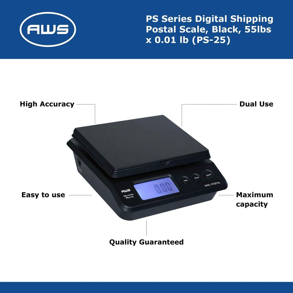Digital Shipping Postal Scale, Package Postage ScaleBacklit LCD Screen55lbs. x 0.01lbs. (Black), PS-25