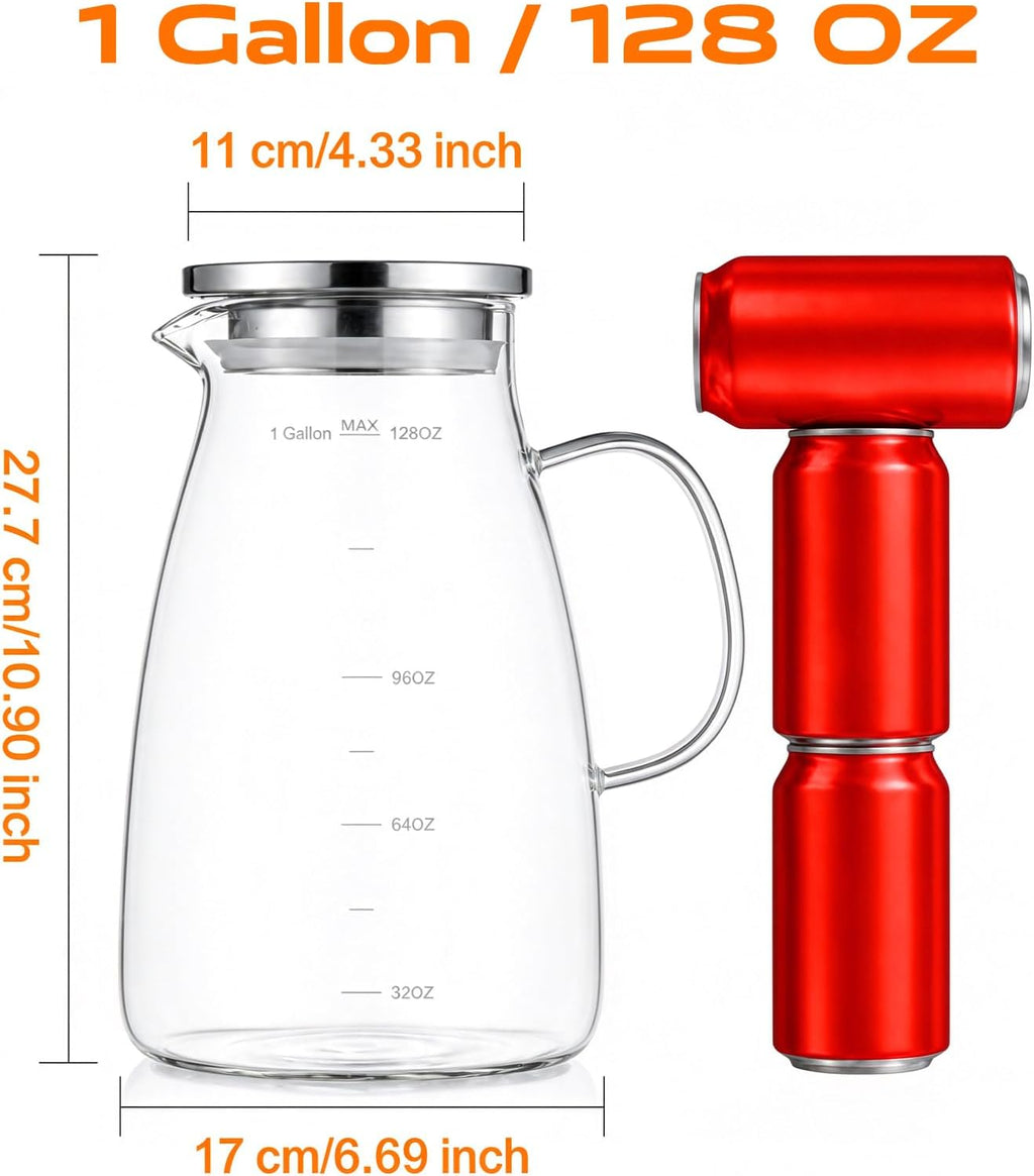 Glass Pitcher with Lid and Handle, Glass Water Pitchers, 1 Gallon