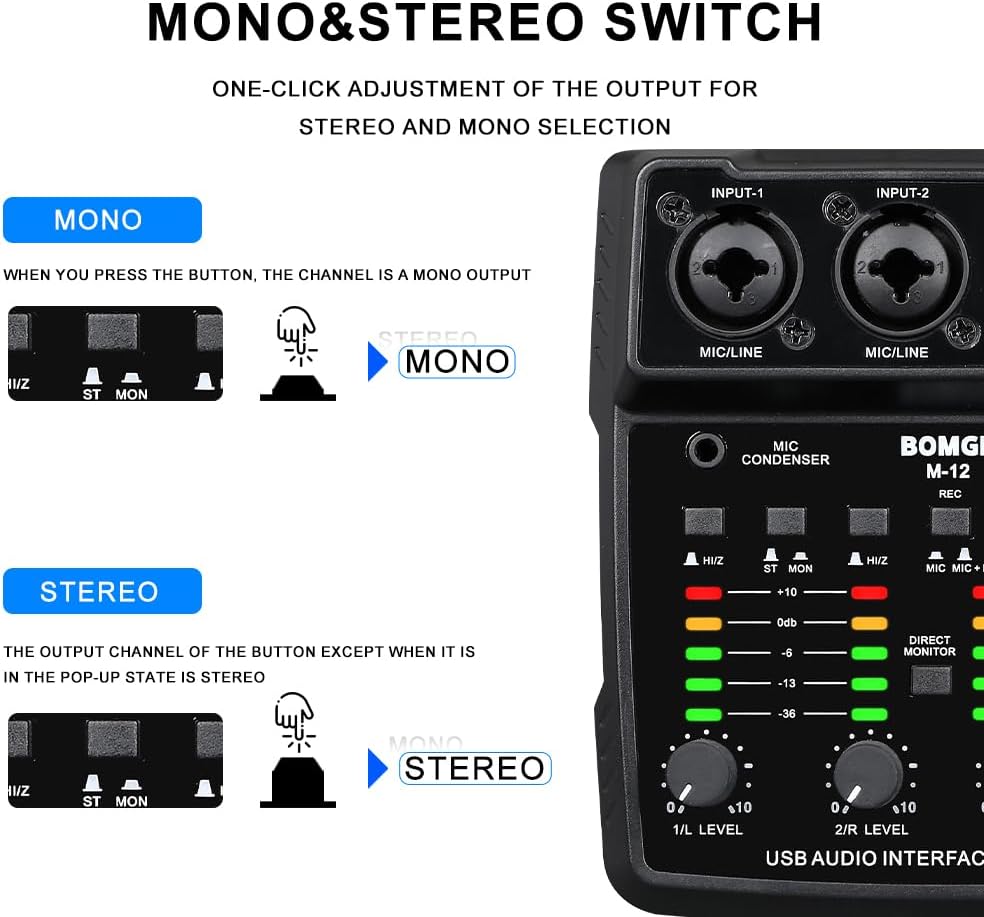 M12 USB Audio Interface, 2-Channel Mixer, XLR/3.5mm Input, 48V Power Supply, Sound Card for PC Recording, Studio