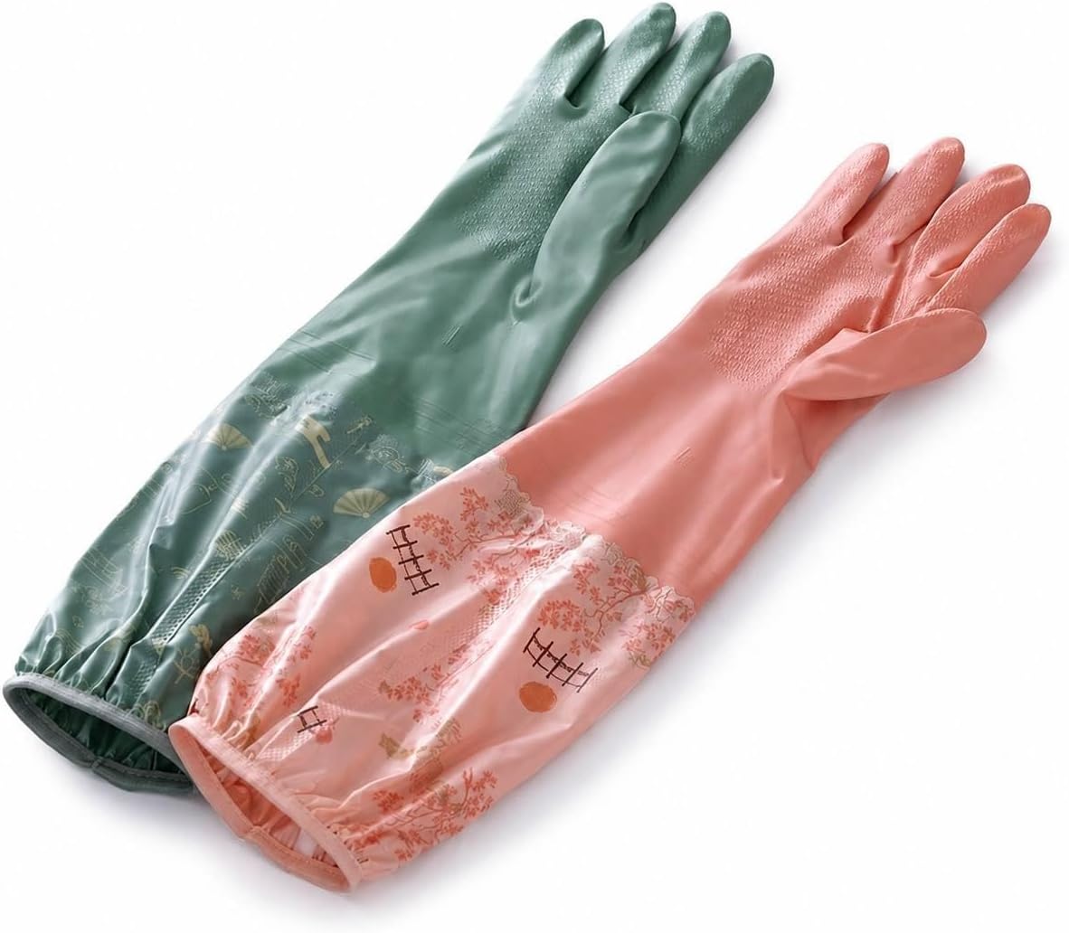 MOVAN His and Hers Long Sleeve Rubber Gloves Set, 2 Pairs (1 Pink + 1 Green), 18.9in (48cm) Extra Long with Hanging