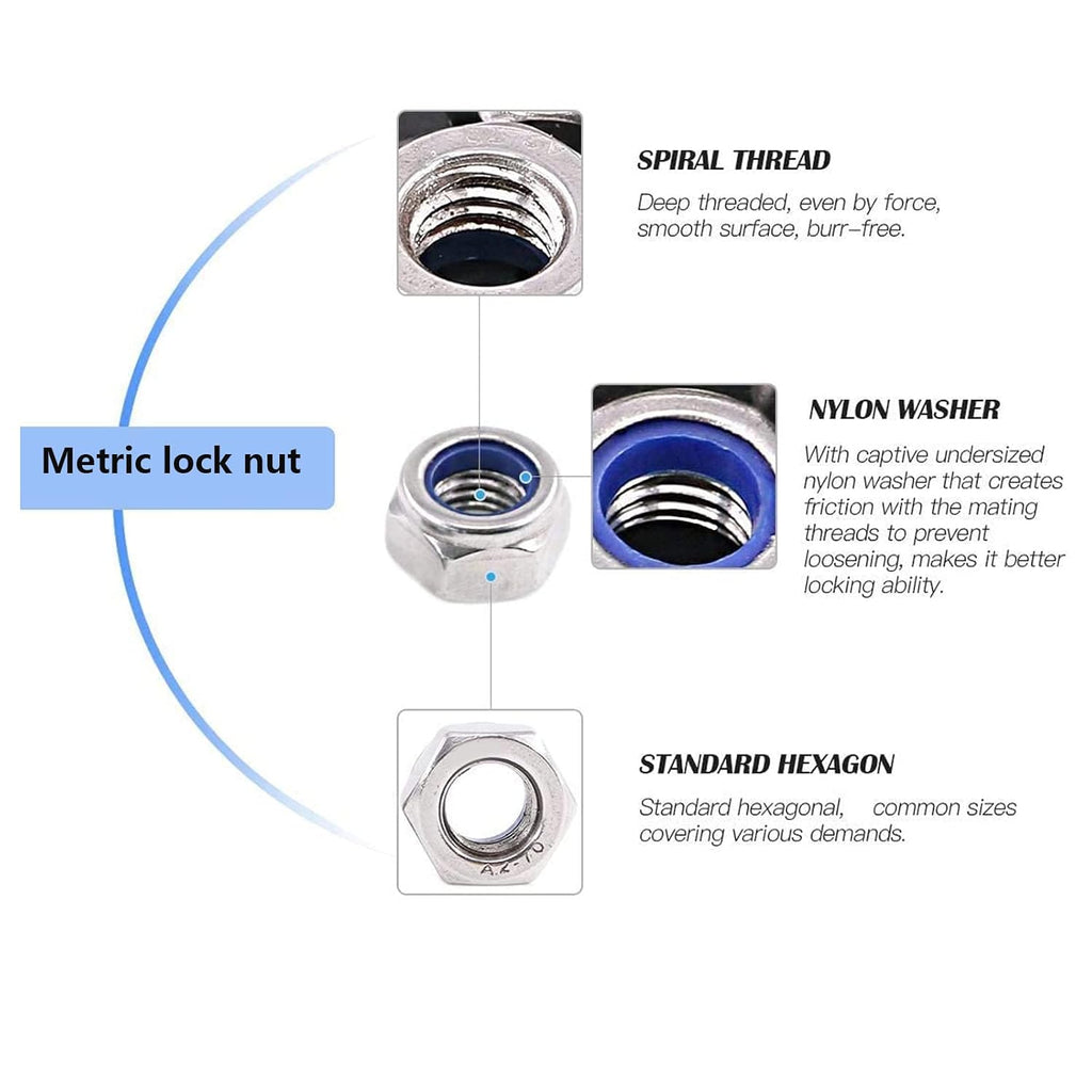 5 Pcs M10 x 1.0mm Metric Fine Thread Nylon Insert Lock Nut, 304 Stainless Steel Non-Slip Self-Locking Nut