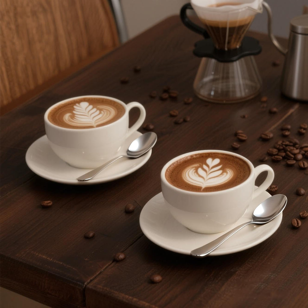 Porcelain Coffee Cup with Saucer 220ml/7.3oz for Cappuccino, Latte, and Tea, White, Set of 2