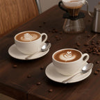 Porcelain Coffee Cup with Saucer 220ml/7.3oz for Cappuccino, Latte, and Tea, White, Set of 2