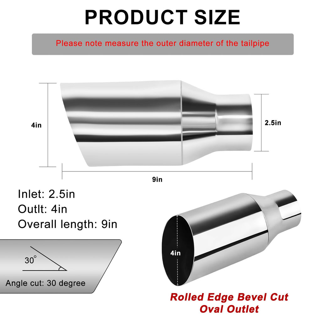 2pcs 2.5"Inlet Weld-On Exhaust Tip, 4" Outlet 9" Length