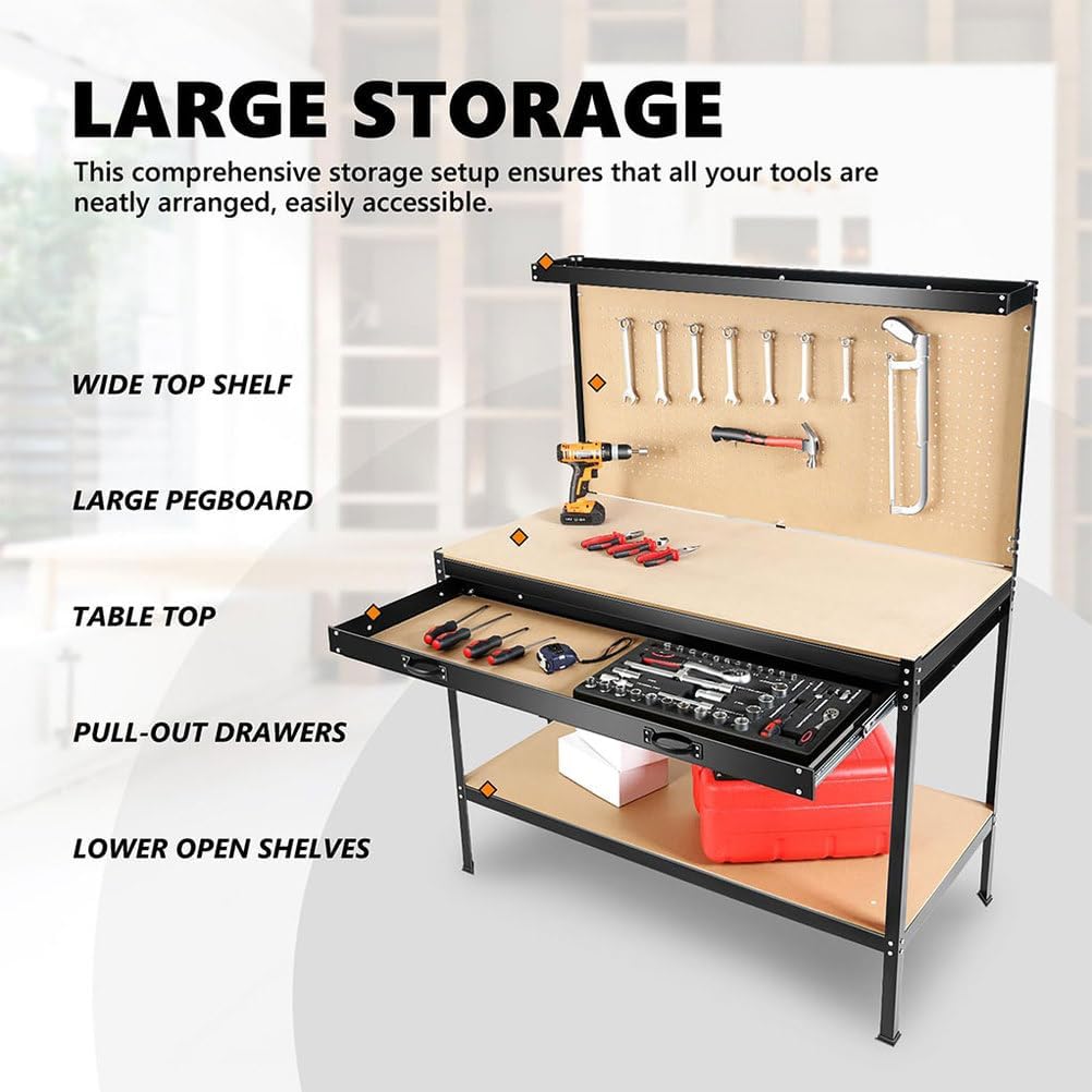 48" Heavy Duty Steel Workbench with Pegboard & Drawer, Garage Tool Storage Work Table with MDF Worktop, 300 LBS Load
