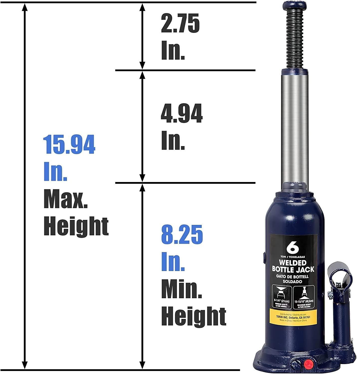 AT90603UR Torin Welded Hydraulic Car Bottle Jack for Auto Repair and House Lift, 6 Ton (12,000 lb), Blue