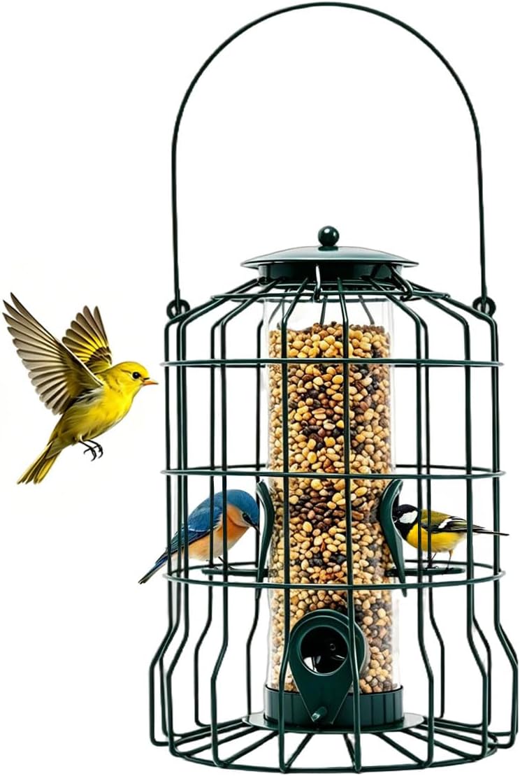 Squirrel Proof Bird Feeder, Metal Caged Outdoor Hanging Seed Feeder with Rainproof Cover & 4 Feeding Ports, Chew