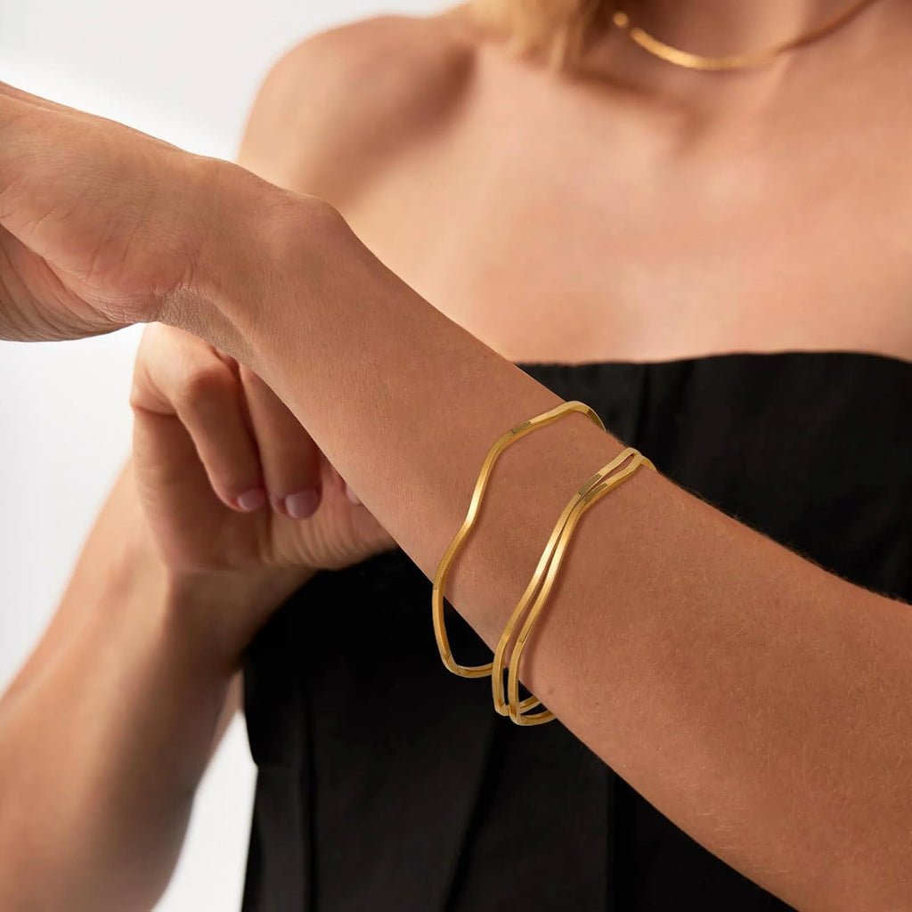 18K Gold Plated Bangles for Women Stainless Steel Glossy Stackable Thin Round Bracelets Solid Plain Polished Bangles