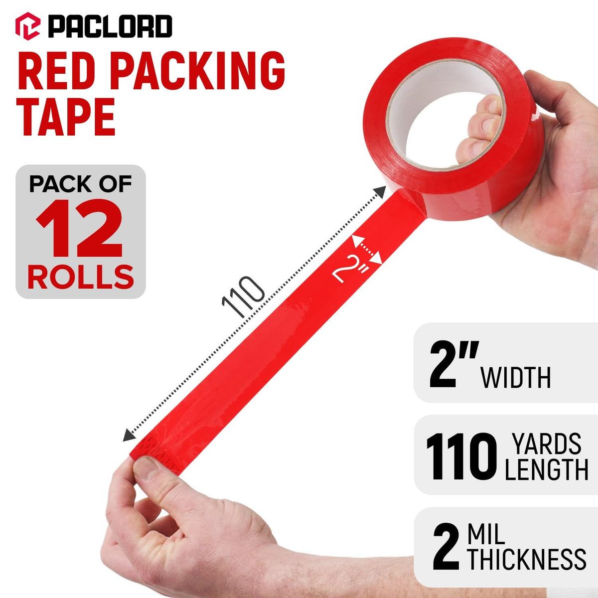 2" x 110 Yards Red Packing Tape, 12 Rolls