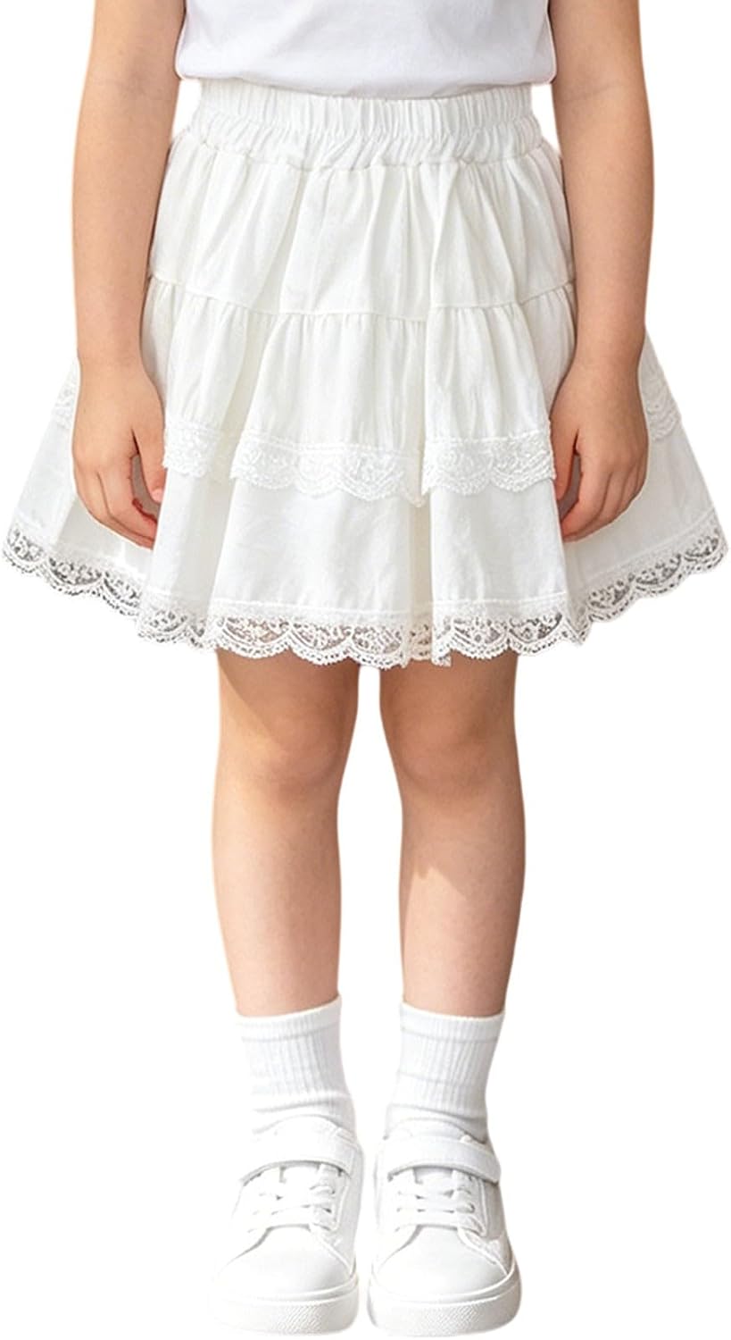 Kids Girls Lace Ruffled Skirt Toddler School A Line Layered Skort Classic Elastic High Waisted Athletic Skirts Casual