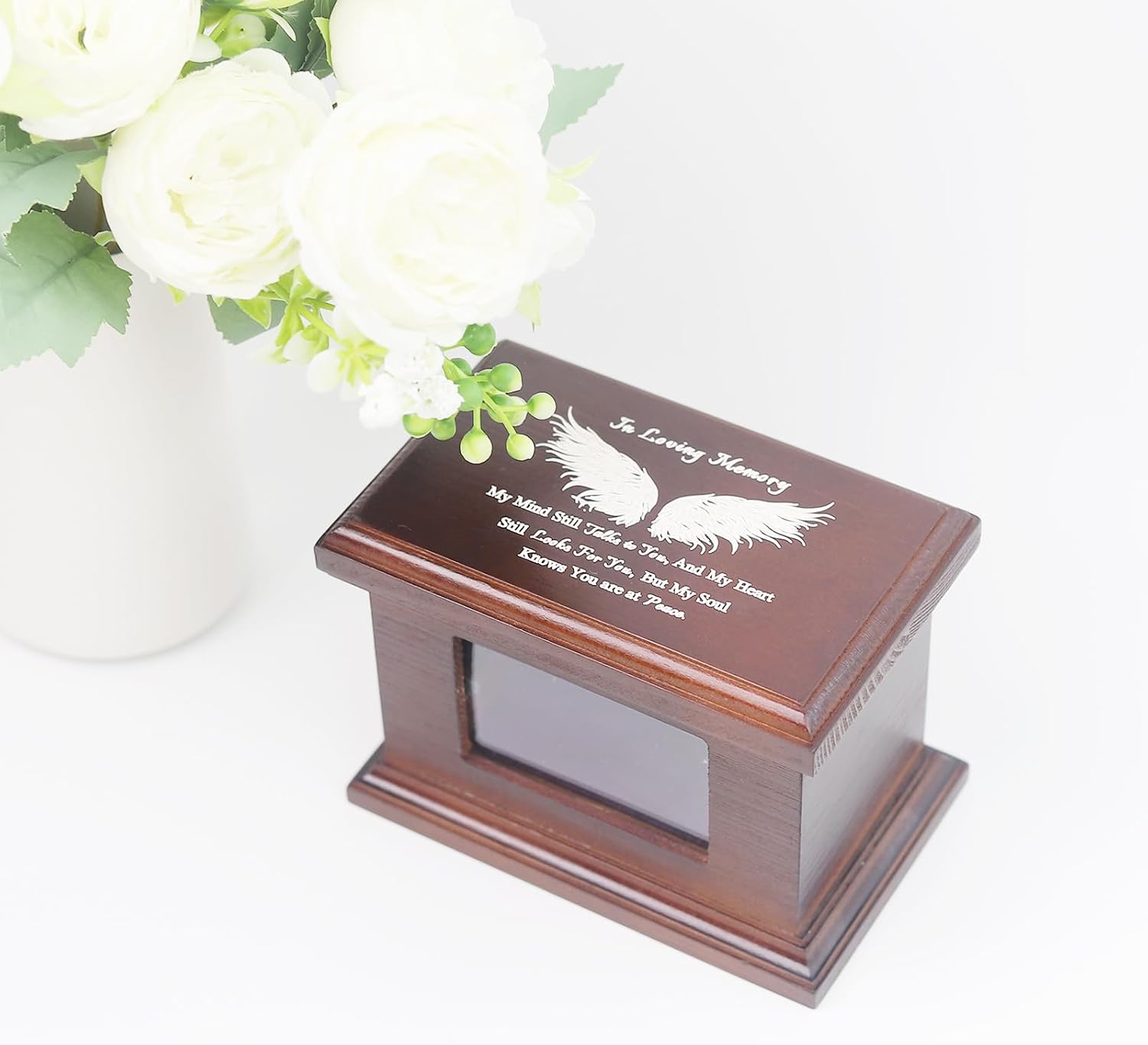 5.5 Inch Small Wooden Memorial Urn with Photo Frame, Keepsake Urn Box for Human/Pet Ashes - Wing