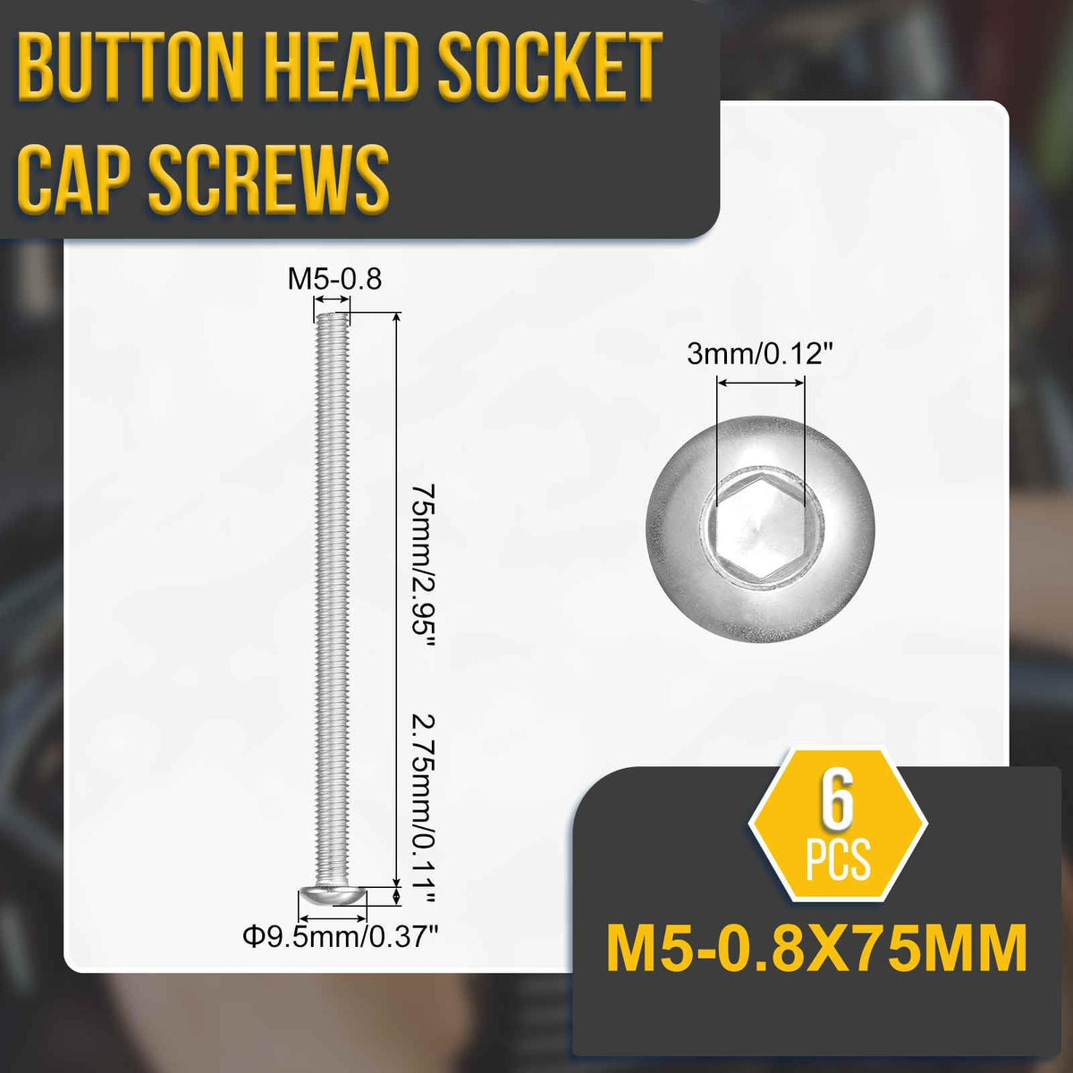 DTGN M5-0.8x75mm Button Head Socket Cap Screw 6Pack 304 SS Whitewashed