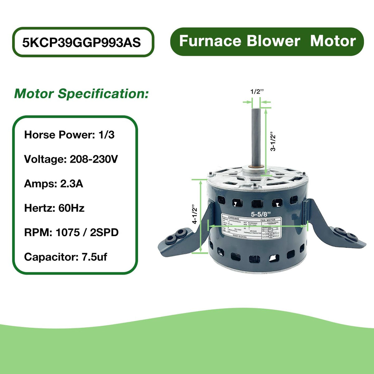 5KCP39GGP993AS Blower Motor 1/3HP 208-230V 1075RPM 2-speeds