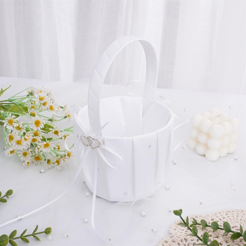 Wedding Ring Pillow and Flower Girl Basket Set – Adorned with Pearl Rhinestones, White Satin,White